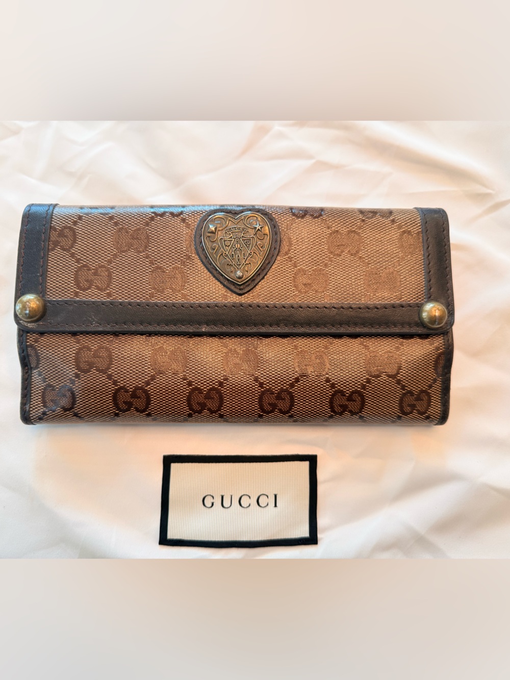 Authentic Gucci GG Crystal hysteria Heart bifold continental wallet